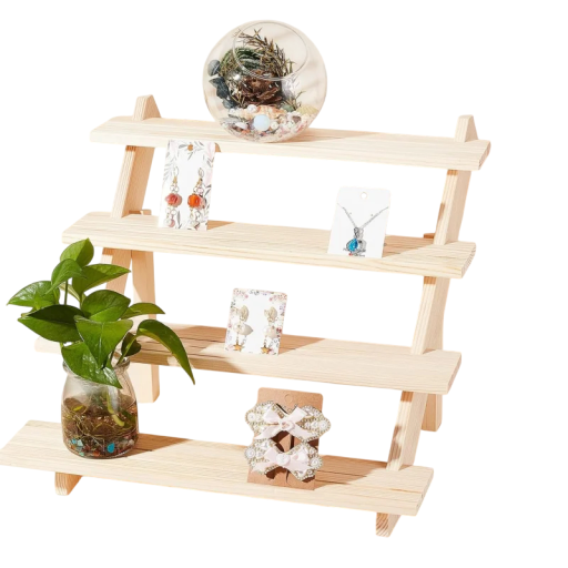 Porte-bijoux en bois à 4 niveaux en bois naturel organiseur de bureau pour boucles d'oreilles, montres, bagues et petits objets