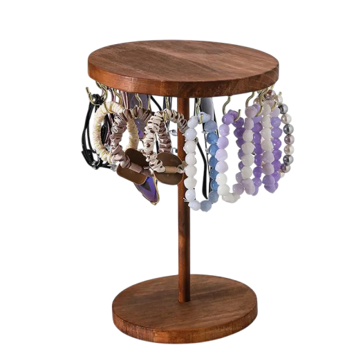 Porte-bracelets en bois avec crochets 25,5 cm hauteur 17,8 cm diamètre organisateur de bureau pour bijoux socle rond bois marron