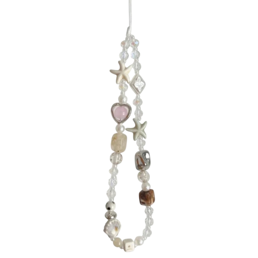 Porte-clés en perles pour téléphone avec étoiles de mer et cœur Chaîne en perles pour mobile cordon pour téléphone décoration pour sac à dos appareil photo