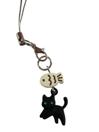 Porte-clés mignon en forme de chat noir avec un os à poisson Décoration de téléphone suspendue pour sac à dos d'appareil photo