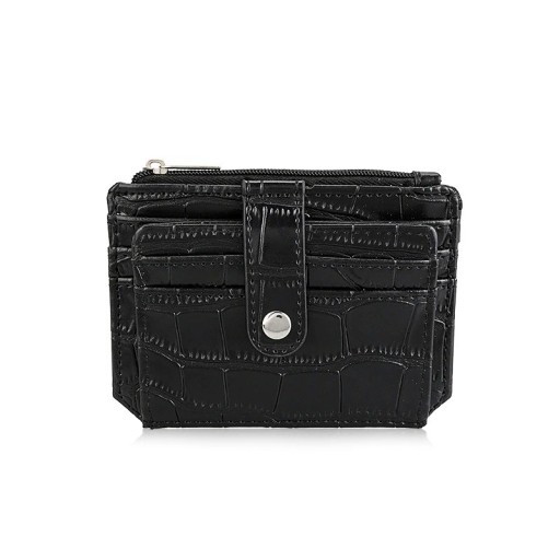 Portefeuille de voyage mini femme en cuir PU Compartiments pour cartes Poche zippée Sangle avec bouton-pression Dimensions compactes 12 x 9 x 1,5 cm