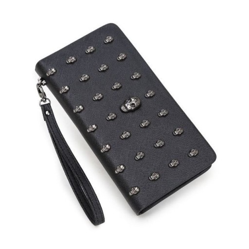 Portefeuille long pour femmes avec têtes de mort en métal Lanière pour le poignet Portefeuille noir en cuir PU et polyester Dimensions 19 x 9 x 2,5 cm
