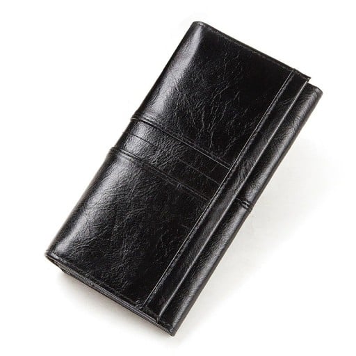 Portofel lung pentru femei din piele naturală cu clapă 18 x 9,2 x 3,5 cm Suprafață lucioasă cu textură plisată Benzi cusute Stil