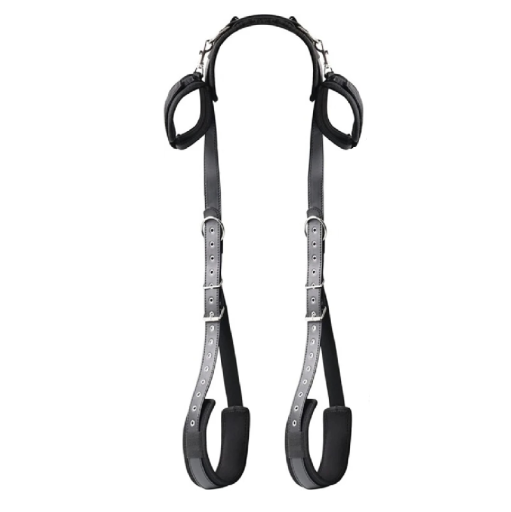 Posteiro de couro com argolas para as pernas e algemas para as mãos em uma peça, acolchoamento suave, fecho ajustável, embalagem discreta