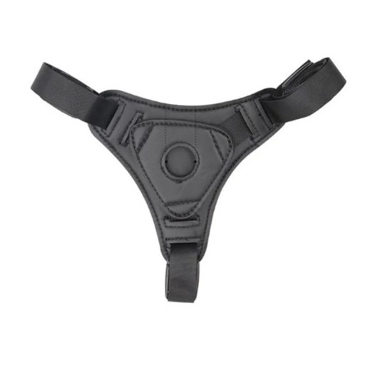 Posteiro strap-on ajustável com abertura de 23 mm para fixação de dildo em pele sintética premium, correias de tecido, fixação segura, embalagem