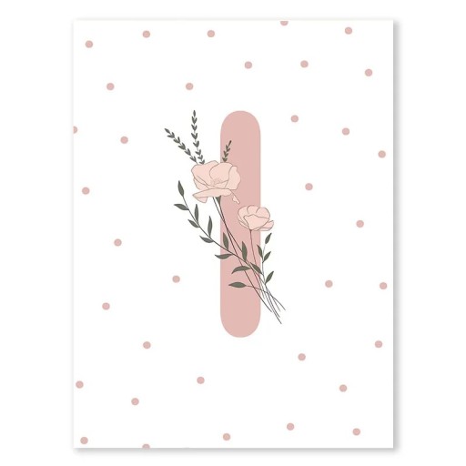 Poster 30 x 40 cm Pink Floral Initial “I” Canvas Print Unframed Wall Decoration for Children's Room and Girls' Interior