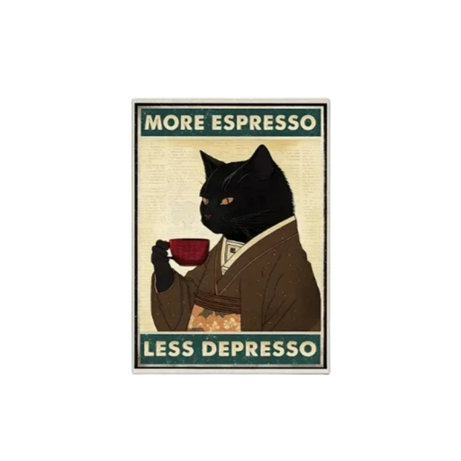 Poster 30x40 cm Pisică neagră cu espresso Mai mult espresso Mai puțin depresso Artă retro în stil japonez Decor de bucătărie sau cafenea