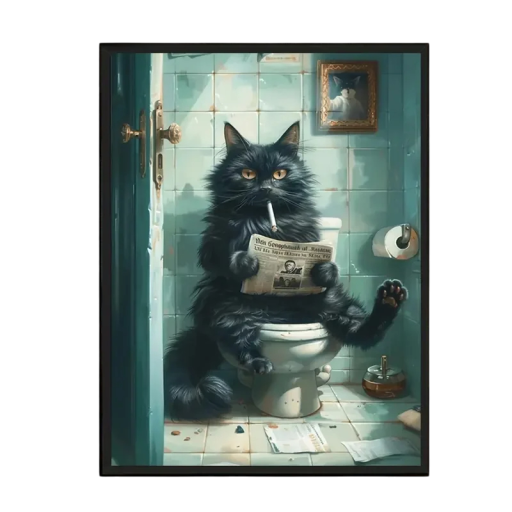 Poster amuzant 30x40 cm Pisică neagră pe toaletă cu ziar și țigară Decorațiune artistică retro pentru baie Pictură pe pânză fără ramă