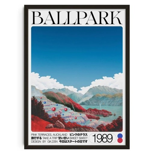 Poster artistic 50x70 cm BALLPARK Peisaj retro Terase roz Imprimeu suprarealist vintage Design fără ramă Decorațiune de perete pentru interior
