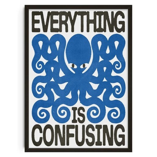 Poster artistico 50x70 cm EVERYTHING IS CONFUSING Motivo polpo blu Grafica testuale Stampa moderna su tela Decorazione per interni senza cornice