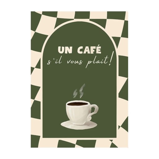Poster da parete con motivo di tazza di caffè e testo francese 30 × 42 cm stampa su tela verde-beige decorazione per appartamento caffetteria senza cornice