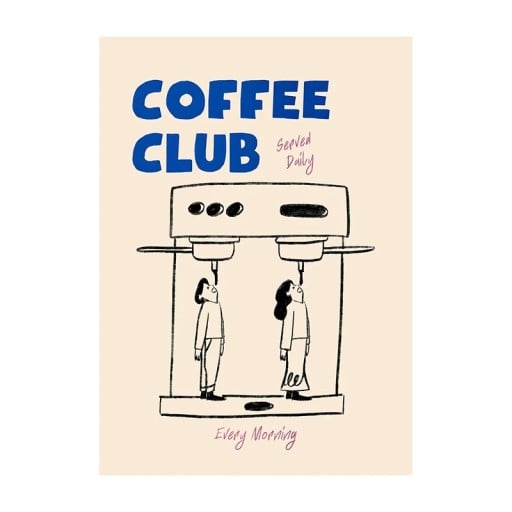 Póster de design coffee club com motivo de máquina de café e figuras 50 × 70 cm impressão em tela bege azul decoração de parede para casa e café sem moldura