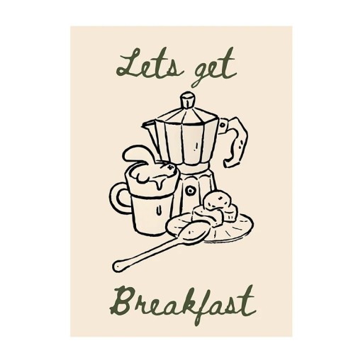 Póster de diseño para pared con motivo de desayuno Let's get breakfast 40 × 60 cm impresión en lienzo decoración beige para cocina y cafetería sin marco