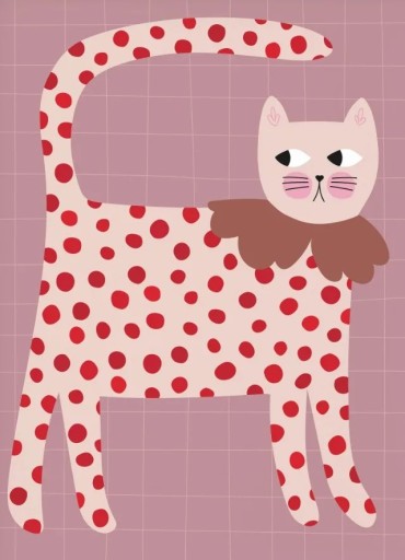 Póster de parede com ilustração de gato com bolinhas 40x60 cm tela sem moldura bege vermelho rosa decoração para quarto de criança