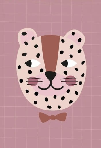 Póster de parede com pintura de cabeça de leopardo com pintas 20x30 cm tela sem moldura em tons de rosa, bege e castanho decoração