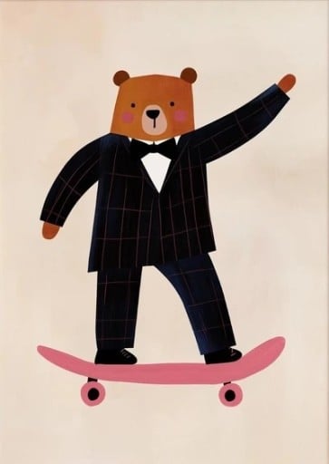 Póster de parede em desenho animado 20 x 30 cm Urso dançante em skateboard Impressão em tela Sem moldura Imagem na vertical Decoração para quarto