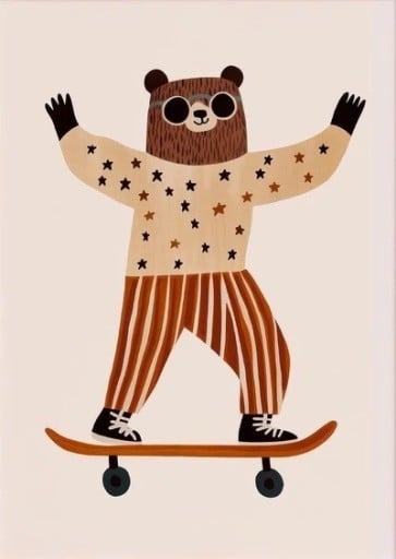 Poster decorativ 40 x 60 cm Urs pe skateboard cu ochelari de soare Imprimare pe pânză pentru perete Fără ramă Imagine pentru copii pe verticală