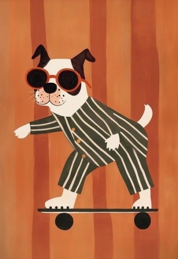 Póster infantil de pared 30 x 42 cm Bulldog francés en pijama en patineta con gafas de sol Impresión en lienzo Sin marco