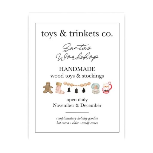 Póster navideño elegante de pared Taller de Santa con texto 21 × 30 cm impresión en lienzo fondo blanco con texto negro e ilustraciones sin marco