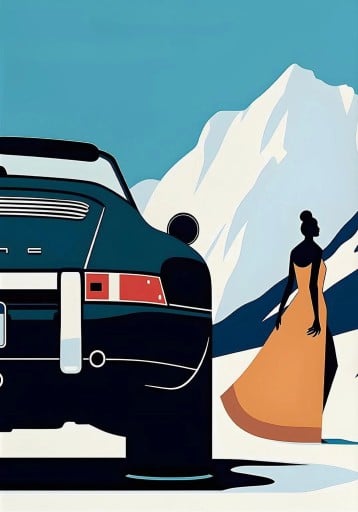 Poster pe perete 20 x 30 cm Porsche 911 în mediu alpino cu figura unei femei Tipărit pe pânză Fără ramă Design abstract desenat Decorațiune