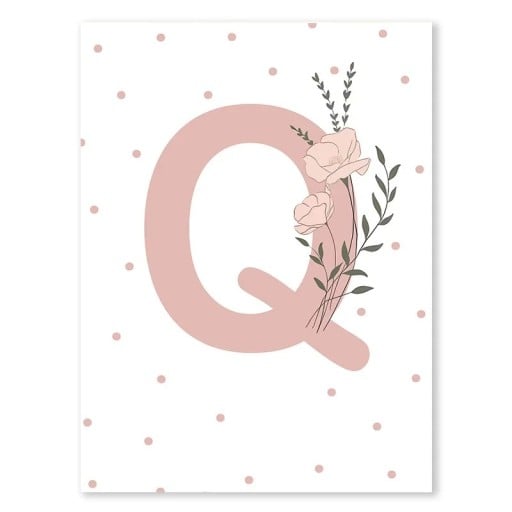 Poster pe perete 30 x 40 cm Pictogram minimalistic roz cu floare „Q” Poster din pânză fără ramă Decorațiune pentru camera fetelor