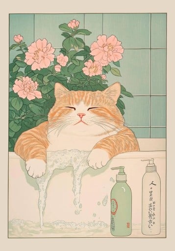 Poster pe perete 50 x 70 cm Pisica portocalie în baie cu bule Ilustrație japoneză Tipărit pe pânză moale Fără ramă Decorațiune de design