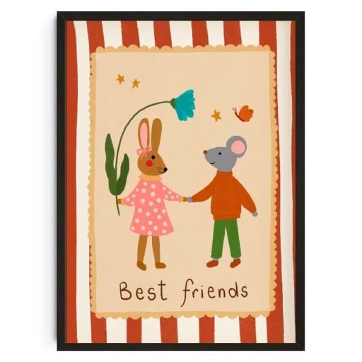 Poster pe perete cu motivul iepurelui și șoarecelui best friends 40 x 60 cm tipărit pe pânză roșu-bej imagine pentru camera copilului fără ramă