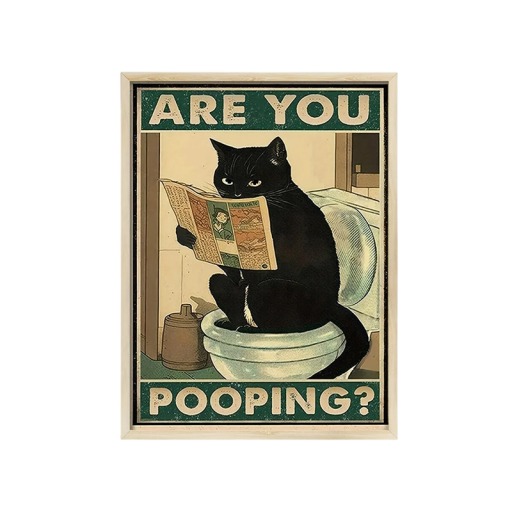 Póster retro 30x40 cm Gato preto engraçado lê jornais na casa de banho Decoração divertida para casa de banho Ilustração vintage de animais Sem moldura