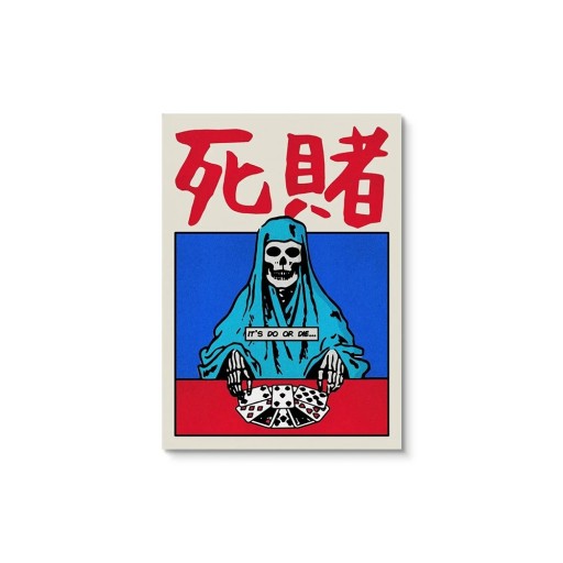Poster Tod und Glücksspiel, 40 x 60 cm, moderner japanischer Stil, Totenkopf mit Karten, Grafikkunst, markanter Wanddruck auf Leinwand, ungerahmt