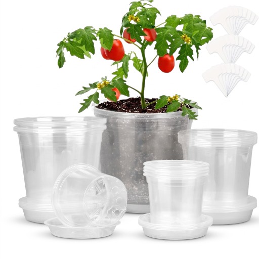 Pots de fleurs pour semis 72 pcs avec soucoupes et étiquettes, transparents, 4 tailles 8–15,5 cm, plastique avec trous de drainage, pour plantes d'intérieur et de jardin