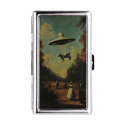 Pouzdro na karty Vintage styl 10 x 6 x 2 cm Kovové Stříbrné Motiv UFO a krávy ve stylu staré malby Dvě přihrádky Na vizitky a karty