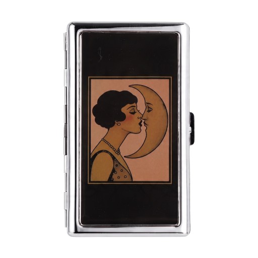 Pouzdro na karty Vintage styl 10 x 6 x 2 cm Kovové Stříbrné s černým víkem Retro motiv ženy a měsíce Dvě přihrádky Na vizitky a karty
