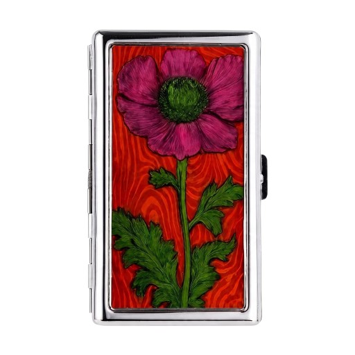 Pouzdro na karty Vintage štýl 10 x 6 x 2 cm Kovové Strieborné s červeným viečkom Motiv kvetu maku Dve priehradky Na vizitky a karty