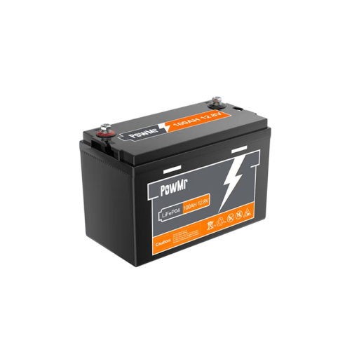 PowMr 12,8 V 100 Ah LiFePO4 Akku 1280 Wh POW-100AH-12.8V BMS M8 Pole 6000 Zyklen 325 x 170 x 215 mm schwarz für Wohnmobile und Boote