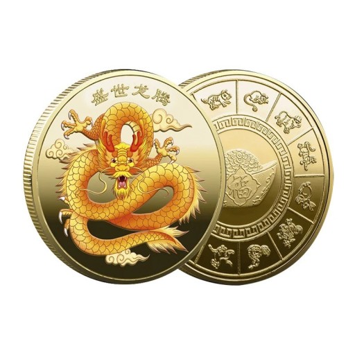 Pozłacana moneta chiński smok 4 x 0,3 cm Rok smoka kolekcjonerska metalowa moneta chiński smok pamiątkowa moneta