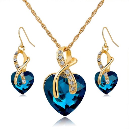 Pozlátený náhrdelník + náušnice KRIŠTÁLOVÉ SRDCE - Modrý