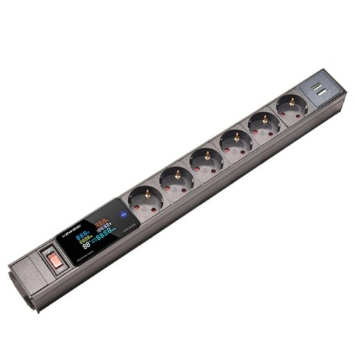 Predlžovačka EU s displejom a meraním spotreby 6 zásuviek 44,1 cm hliníková zliatina + PC kábel 1,5 m pre domácnosť a kanceláriu