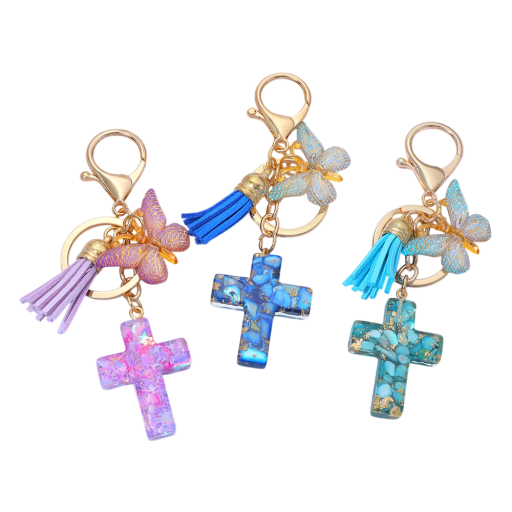Preevărsă pe cheie din rășină și aliaj de zinc cu motiv de cruce și fluture Cheie metalică Accesoriu decorativ pentru geantă rucsac Cadou pentru femei