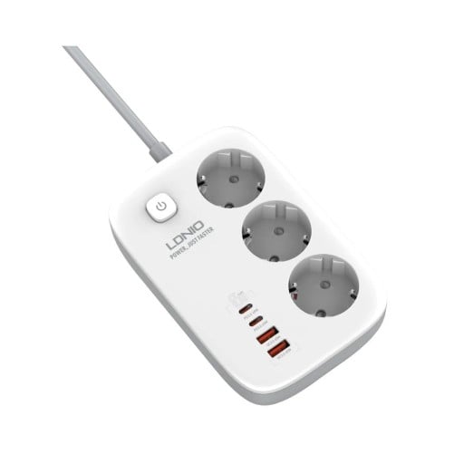 Prelungitor 3× priză EU + 2× USB-C și 2× USB-A 2 m încărcare rapidă alb pentru utilizare acasă și birou