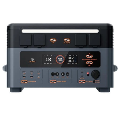 Přenosná elektrárna OSCAL PowerMax 2400 Pro S výkonem 2400 W a reproduktorem 2016 Wh LiFePO4 Šedočerná Na kempování i výpadky proudu