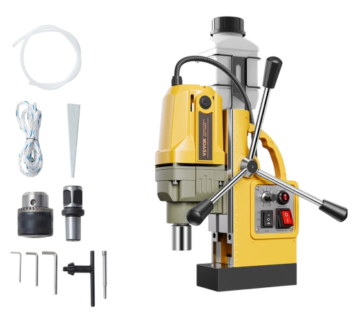 Přenosná magnetická vrtačka 1400W 50 mm elektrická žluto černá pro vrtání kovů s magnetickou základnou a posuvem