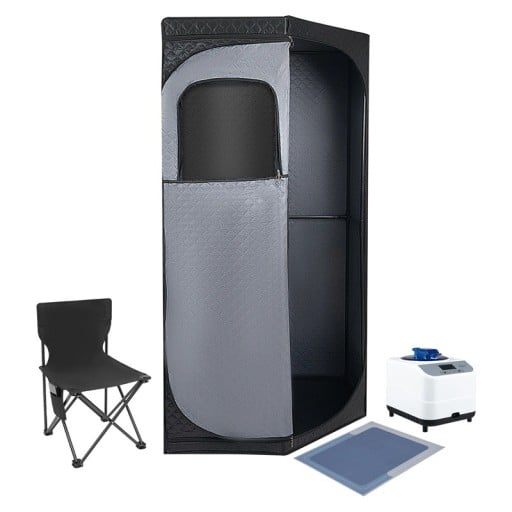 Přenosná parní sauna se skládacím křeslem a dálkovým ovládáním 220 V výška 180 cm saténová bavlna 9 úrovní ohřevu černá na saunování