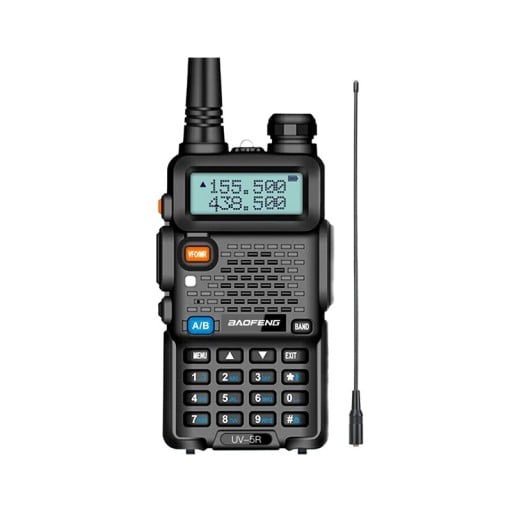 Prenosná ručná vysielačka Baofeng UV-5R 128 kanálov dosah 3 až 5 km FM rádio s LED displejom svietidlom a dlhou anténou čierna na výlety