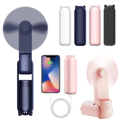 Přenosný mini ruční USB ventilátor s dobíjecí baterií 2000 mAh Powerbanka Funkce tichý provoz Letní osvěžení na cesty do kabelky