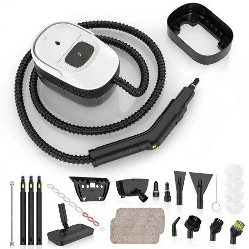 Přenosný parní čistič 2500 W Nádrž 1600 ml Tři stupně páry Hadice 150 cm Kabel 300 cm Bílo-černý Sada nástavců na podlahy okna i spáry