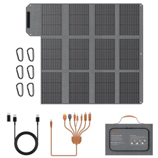 Přenosný skládací solární panel 120 W s DC portem a USB-C i USB QC 3.0 Sada se 7 v 1 kabelem a karabinami Šedý Na kempování a cesty