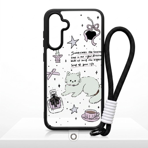 Priehľadný kryt s pútkom na zápästie Samsung Galaxy A25 Odolný Motiv mačky s mašľami a šálkou Čierne hrany Ochrana fotoaparátu Obal
