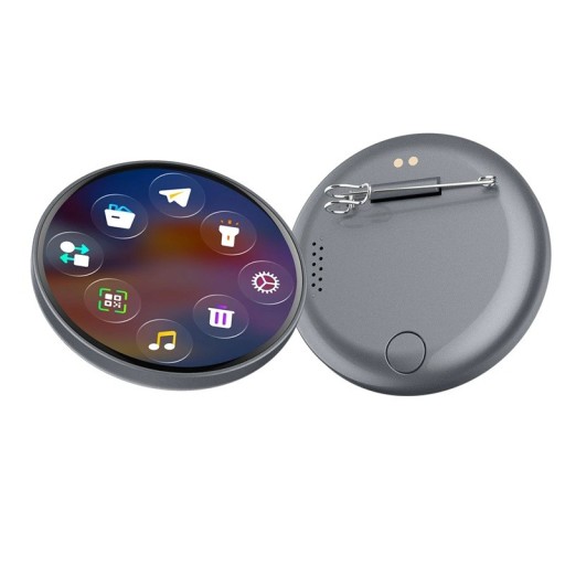 Pripínací odznak s displejom a reproduktorom 1,7 palca dotykový LED displej Bluetooth vstavaná batéria šedý na oblečenie a batoh