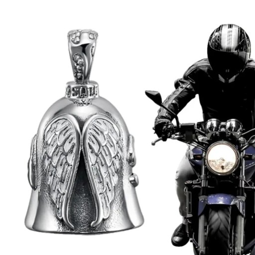 Přívěsek na motorkę stróż anioł dzwonek na szczęście 45 x 27 mm z anielskimi skrzydłami srebrny prezent dla motocyklisty na motocykl i akcesorium motocyklowe