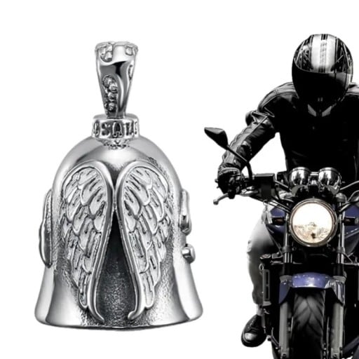 Prívesok na motorku strážny anjel zvonček pre šťastie 45 x 27 mm s krídlami anjela strieborný darček pre motorkárov na motocykel a moto doplnok